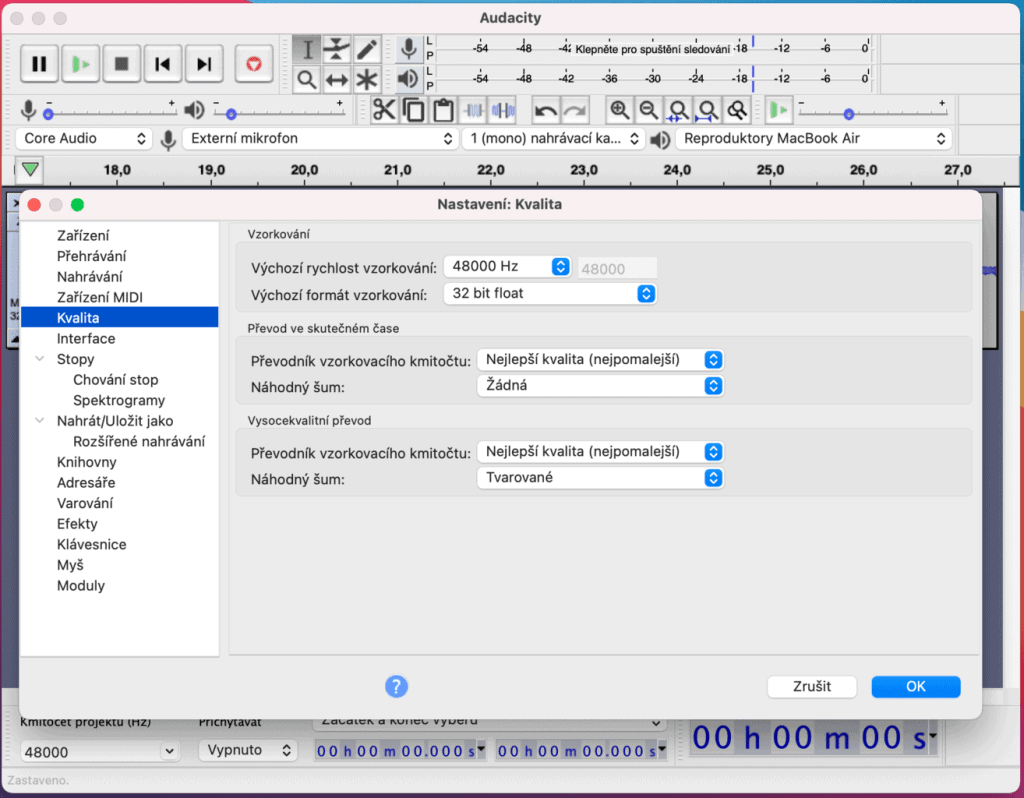 Ustawienia mikrofonu w Audacity