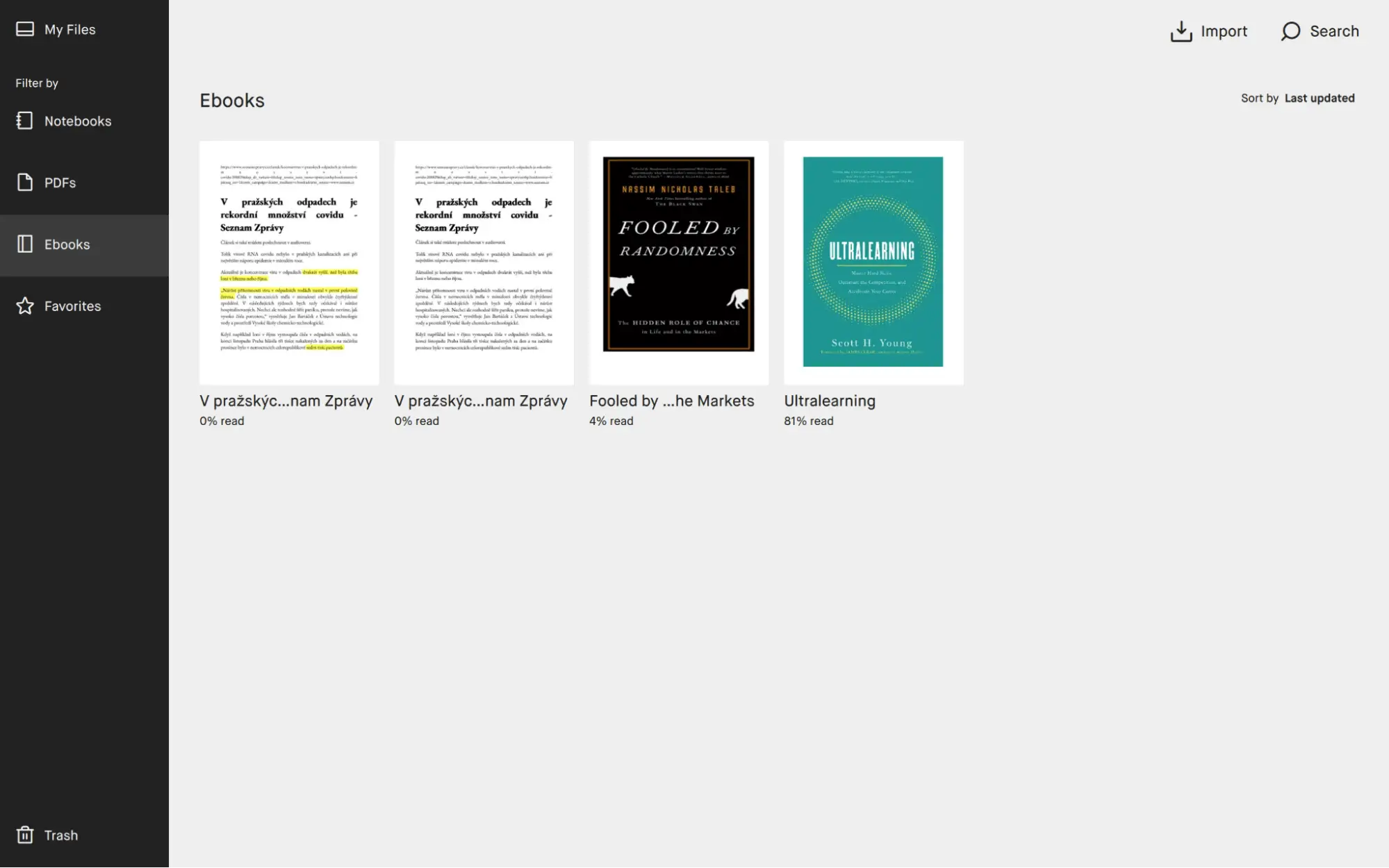 Interfejs z zapisanymi ebookami