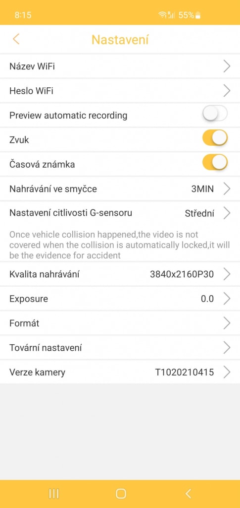 W aplikacji Roadcam można zmienić ustawienia kamery samochodowej