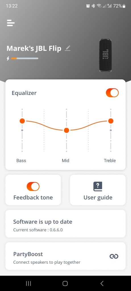 Główne sekcje aplikacji JBL Portable, w tym equalizer