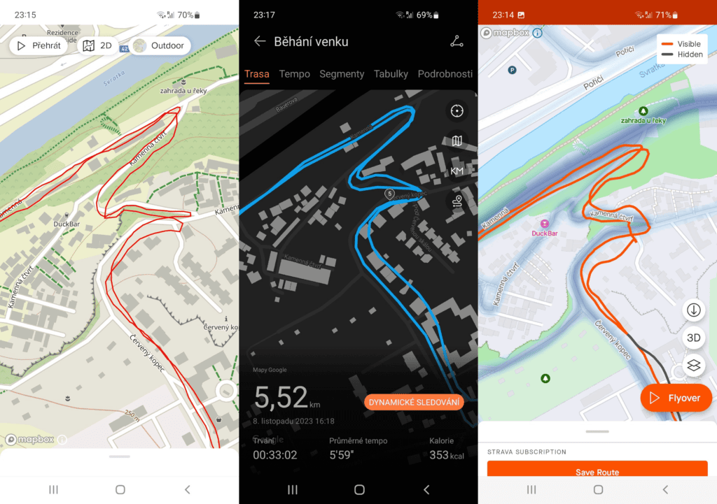 Dokładność modułu GPS jest na solidnym poziomie (od lewej Suunto 7, Huawei Watch GT4, Strava)