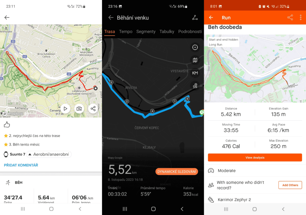 Rejestrowanie trasy obyło się bez większych niedokładności (od lewej Suunto 7, Huawei Watch GT4, Strava)