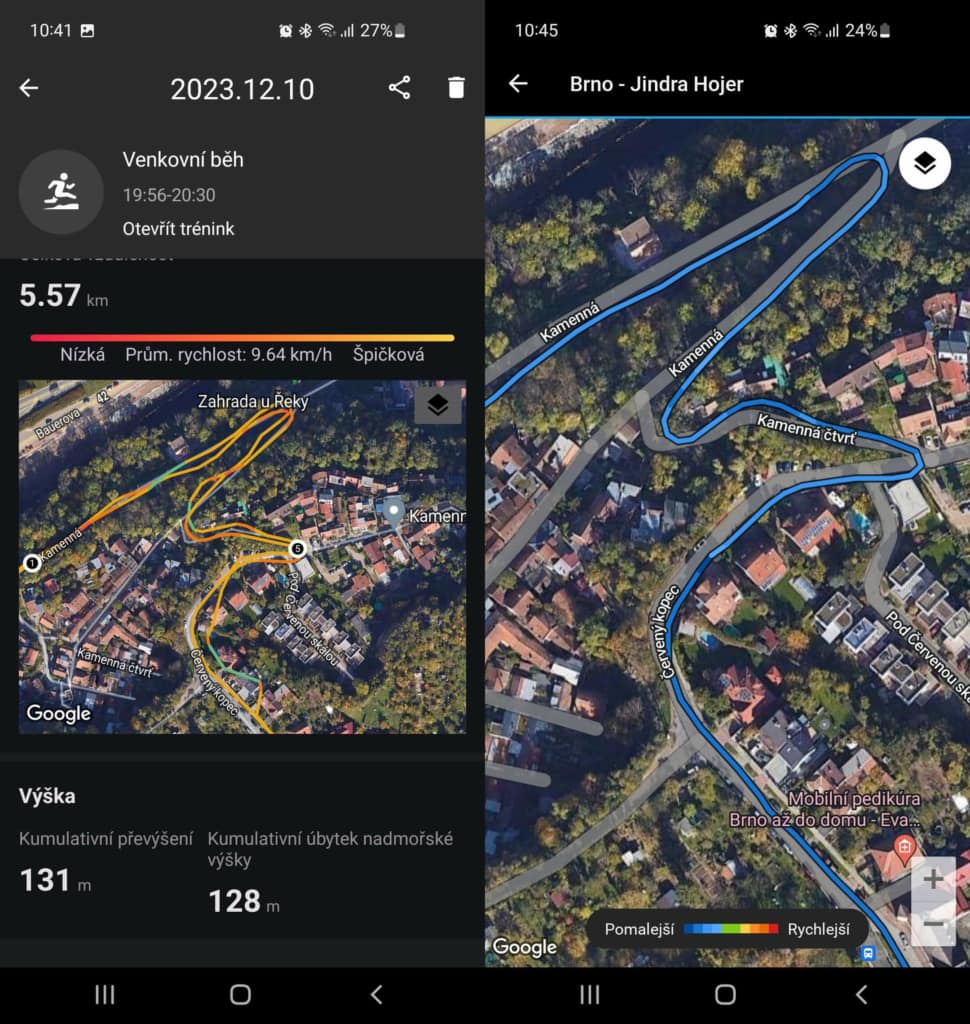 Trasa jest oznaczona kolorami w zależności od prędkości na danym odcinku (TicWatch Pro 5 po lewej, Garmin FR965 po prawej)