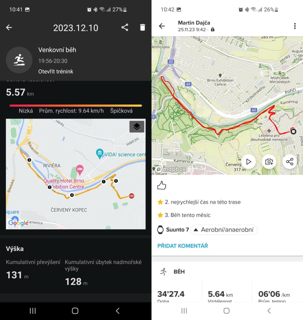 Dokładność GPS jest porównywalna z konkurencją w tym samym przedziale cenowym (TicWatch Pro 5 po lewej, Suunto 7 po prawej)