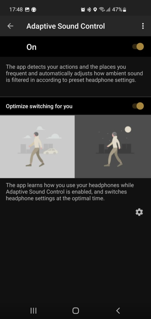 Funkcja Adaptive Sound Control automatycznie dobiera poziom transmisji/tłumienia dźwięku