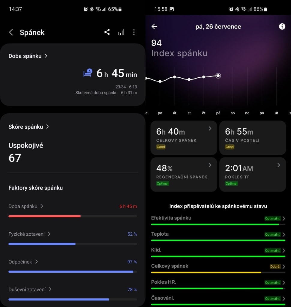 Porównanie pomiaru snu z Ultrahuman Ring Air (po prawej)