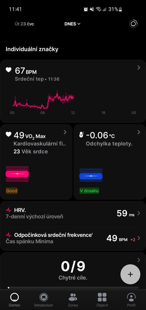 W dolnej części karty Home znajduje się wykres tętna