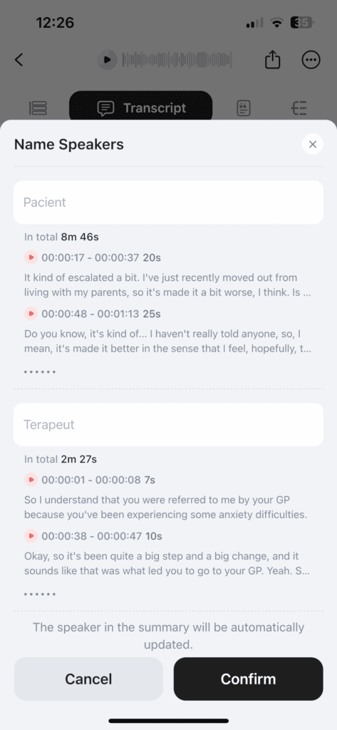 Możliwość ustawienia nazw mówców