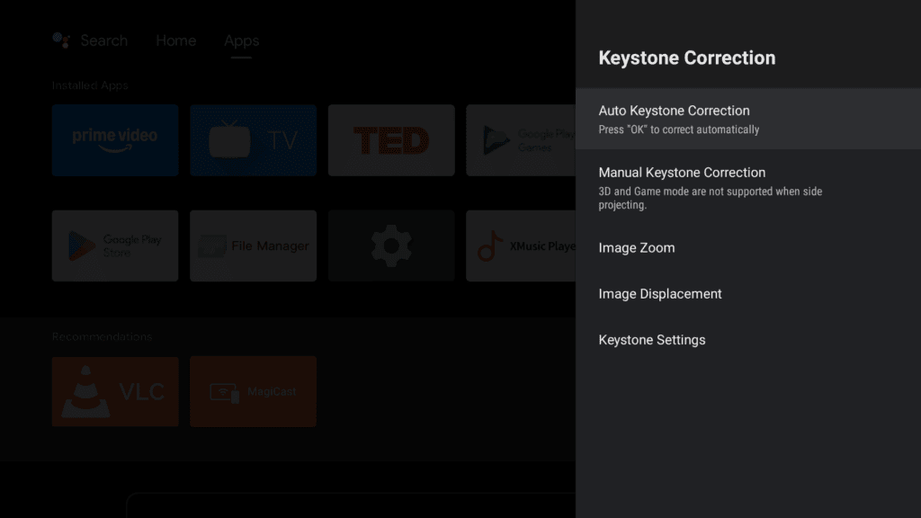 Ustawienia korekcji zniekształcenia trapezowego (Keystone)
