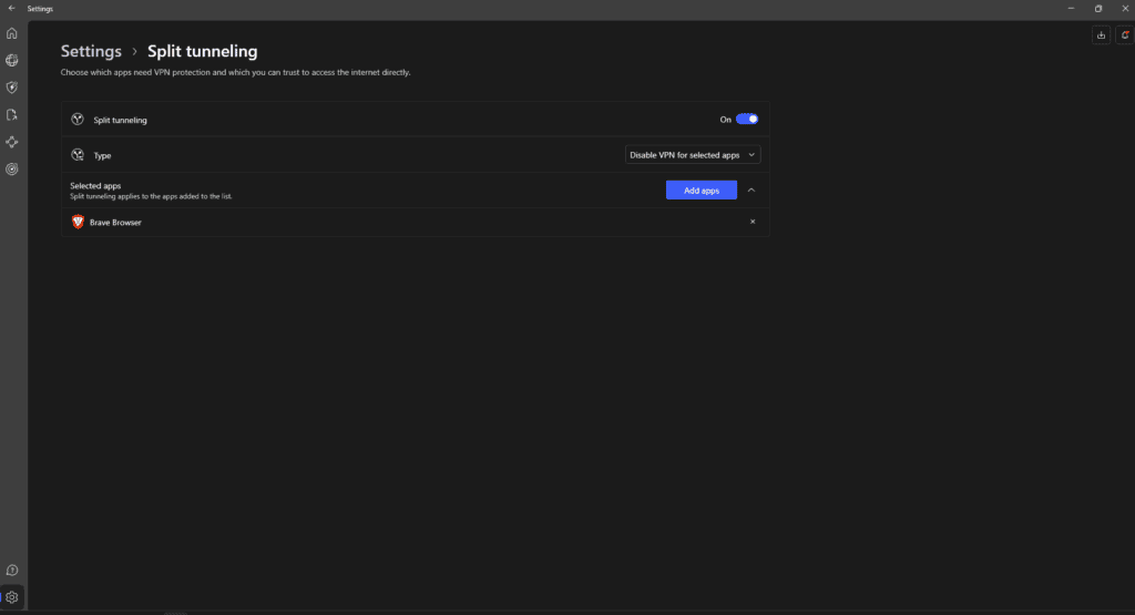 Opcje Split tunneling