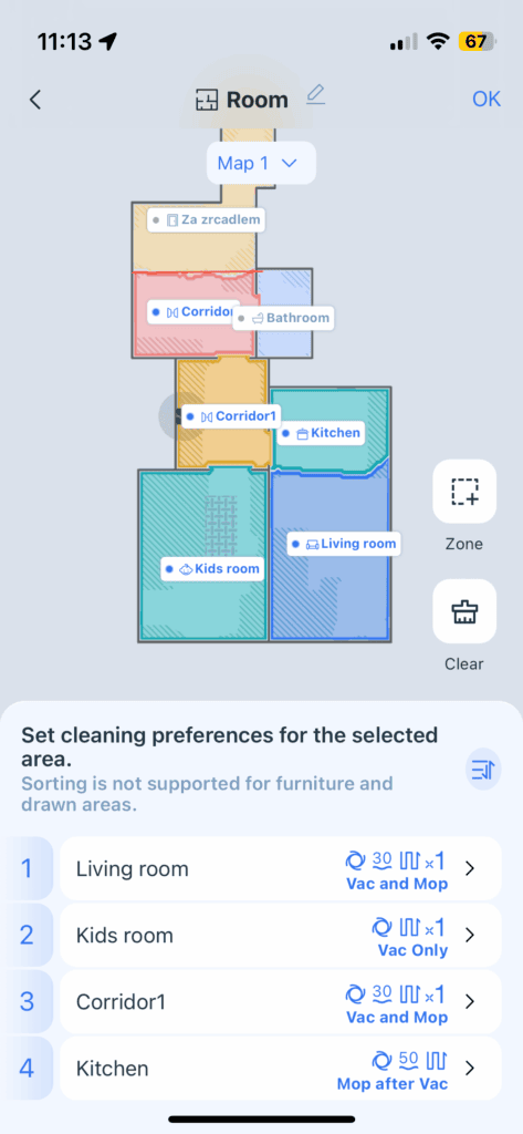 Dla każdego pomieszczenia można ustawić inne parametry sprzątania