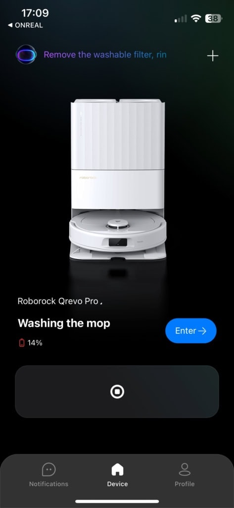 Strona główna pokazuje tylko stan odkurzacza i poziom baterii