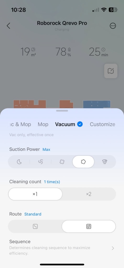 Szybkie ustawienia sprzątania pozwalają zmienić jego typ lub liczbę przejazdów