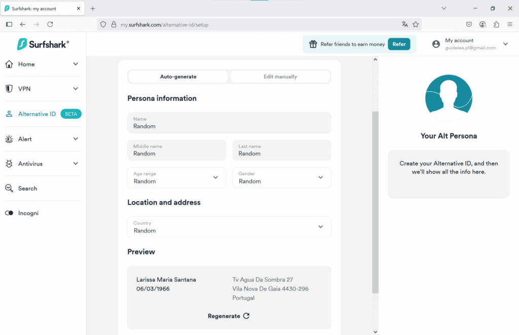 Losowo wygenerowana tożsamość