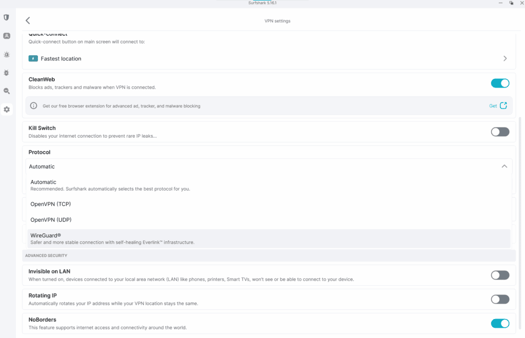 Wybór dostępnych protokołów